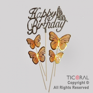 CAKE TOPPER CON 4 MARIPOSAS Y HAPPY BIRTHDAY CURSIVA PLATA METALIZADO